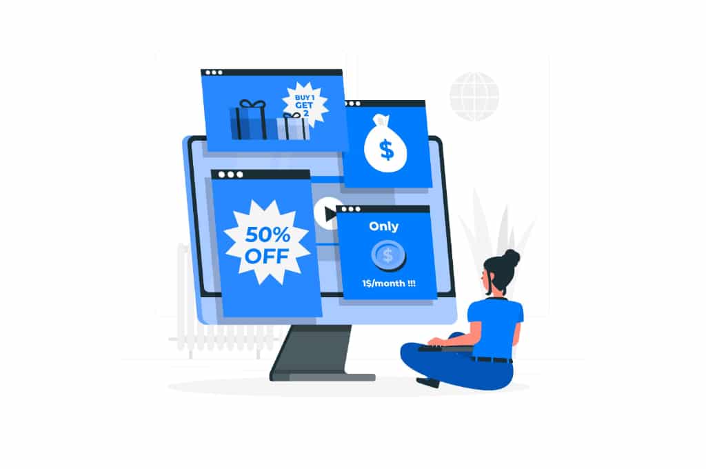 image vectorisée d'un écran d'ordinateur sur lequel apparaît des publicités en bleu. Une femme assise en tailleur tient un clavier sur ses genoux et regarde l'écran.