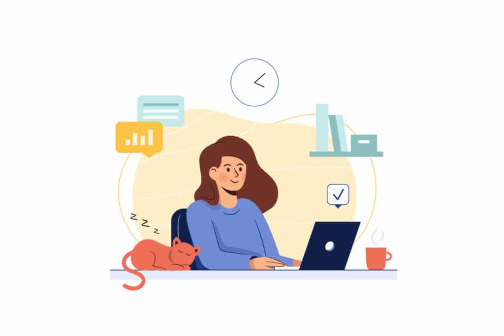 image vectorisée d'une femme assise à son bureau devant son ordinateur portable. un chat dort à côté d'elle sur le bureau. sa tasse à café est posée sur le bureau. une horloge est accrochée au mur ainsi qu'une étagère avec des livres.