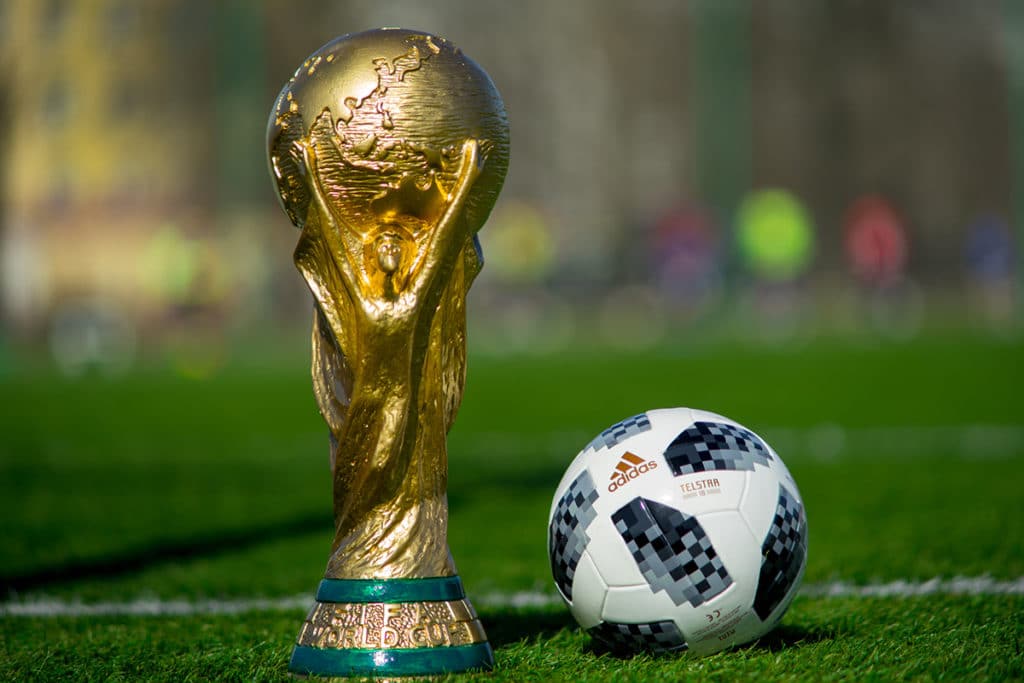 Le trophée de la coupe du monde de football à coté d'un ballon de foot sur la pelouse du stade.