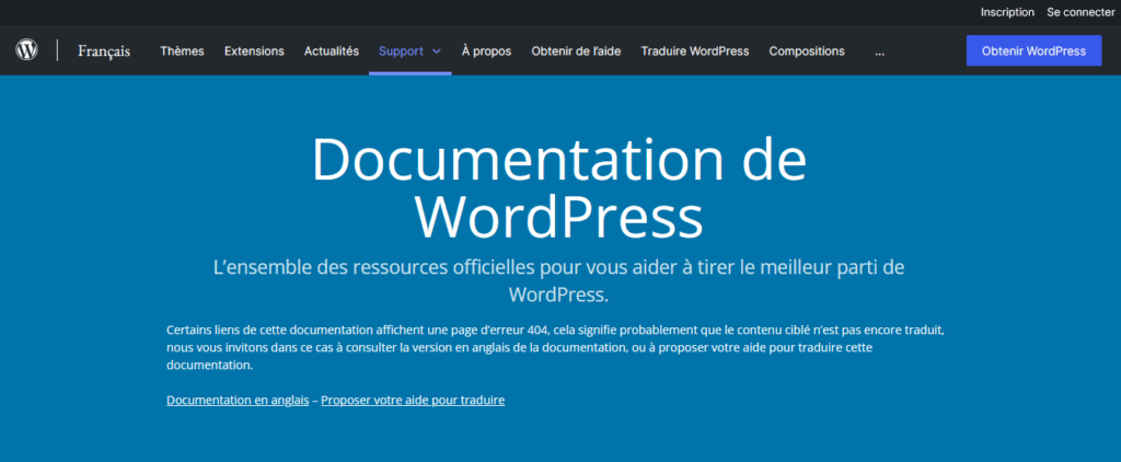 L'interface présentant la documentation de WordPress.