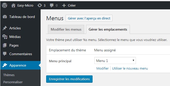 Interface de gestion de l'emplacement des menus WordPress.
