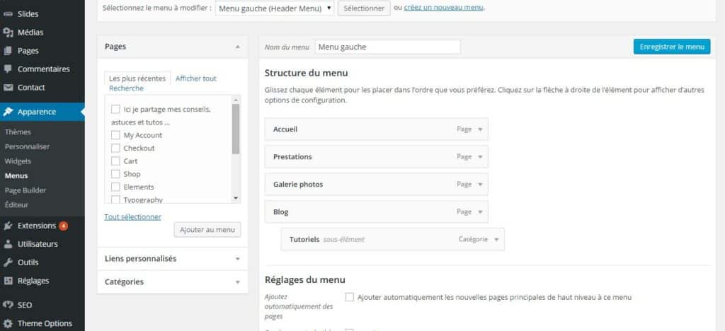 Interface de création d'un menu sur WordPress.