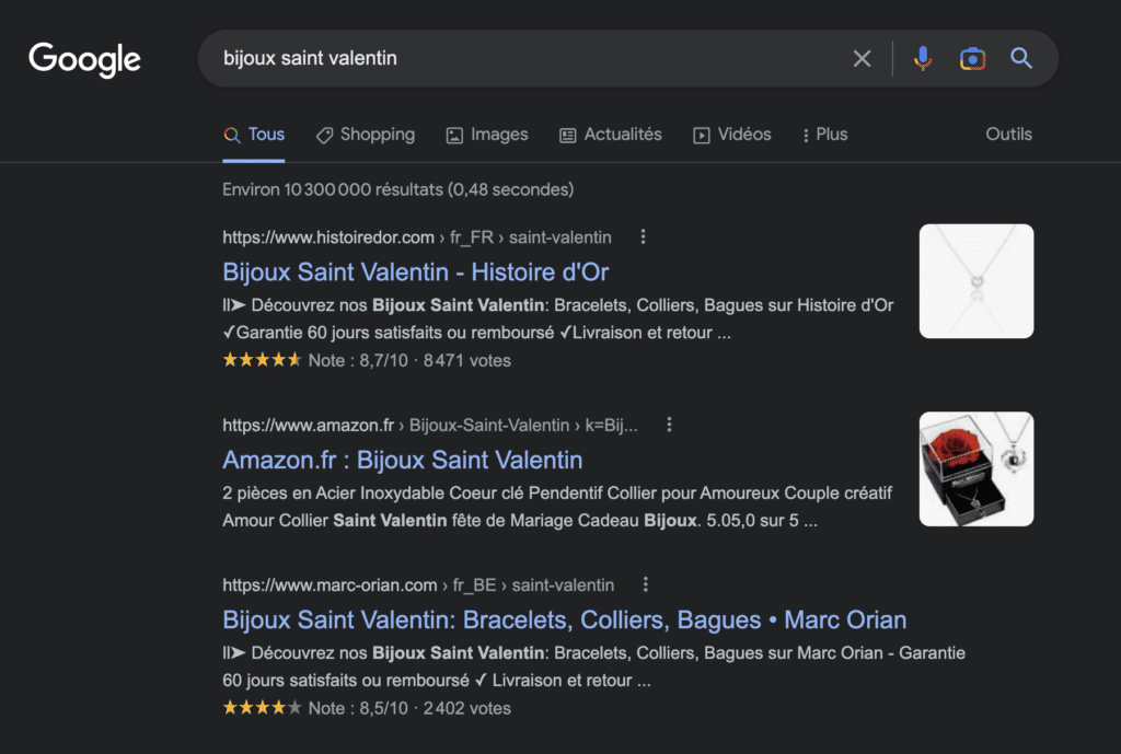 Une page de recherche Google sur la requête "bijoux saint valentin", les premiers résultats illustrent l'importance du titre et de la description en SEO
