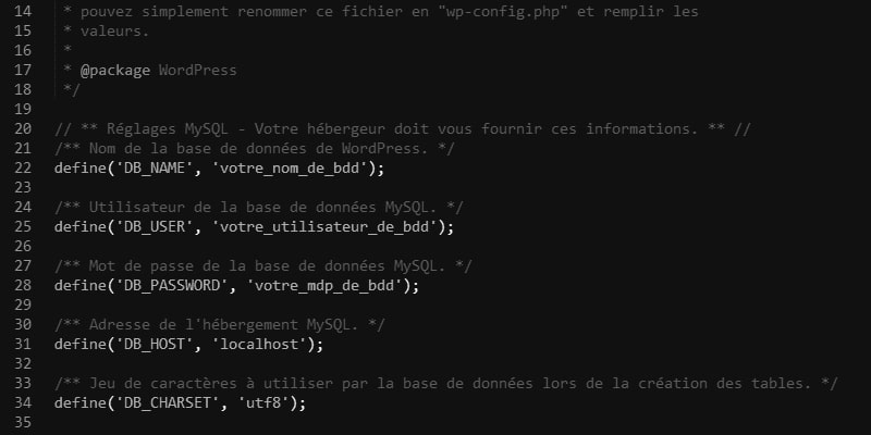Un fichier wp-config.php avec des lignes de code pour déterminer le nom de la base de données, le nom d'utilisateur, le mot de passe de la base de données et le serveur.