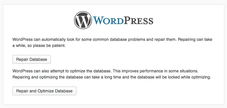 l'écran de Wordpress ouvert sur la page de réparation automatique de base de données WP
