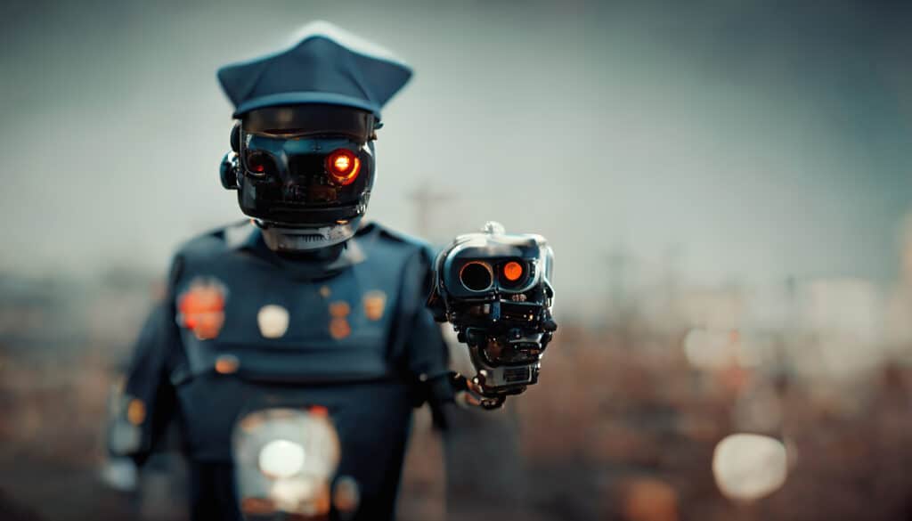 Image d'un robot policier menaçant censé faire la loi. Il représente le combat de Google contre le spam