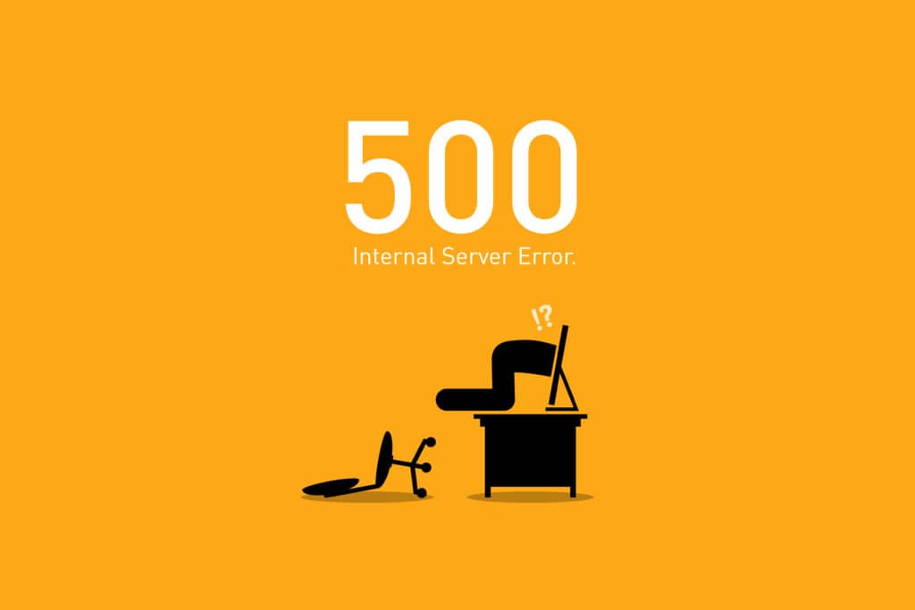 Une représentation de l'erreur 500 Wordpress avec un dessin d'un webmaster qui rentre dans son ordinateur sur fond orange