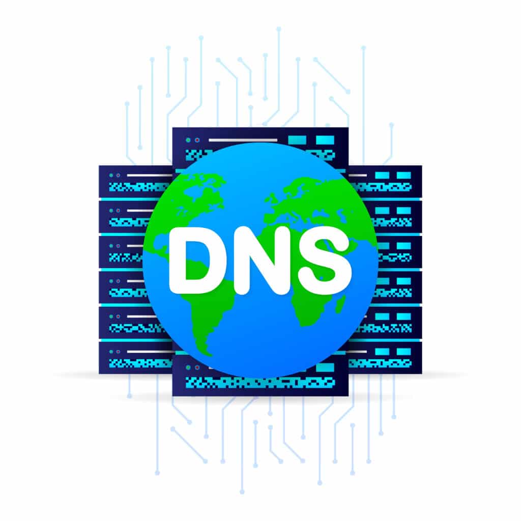 Une icone qui représente le système de DNS mondial et les serveurs en arrière plan