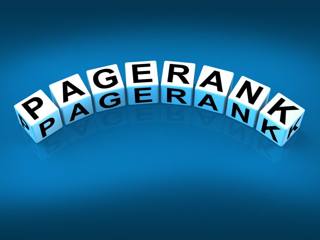 Des dés lettrés assemblés pour former le mot "Pagerank"